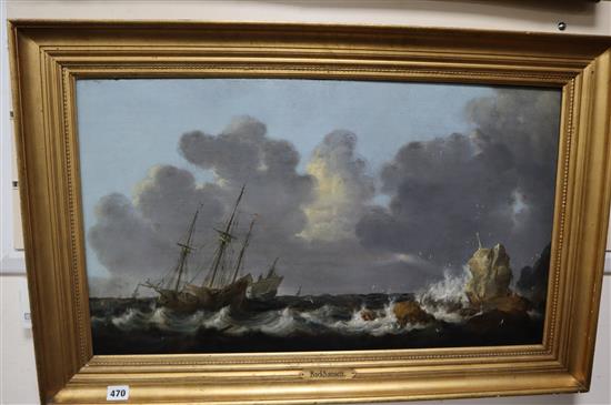 Manner of Ludolf Backhuysen (Dutch 1630-1708), oil on board, sailing vessels near rocks on a stormy sea,